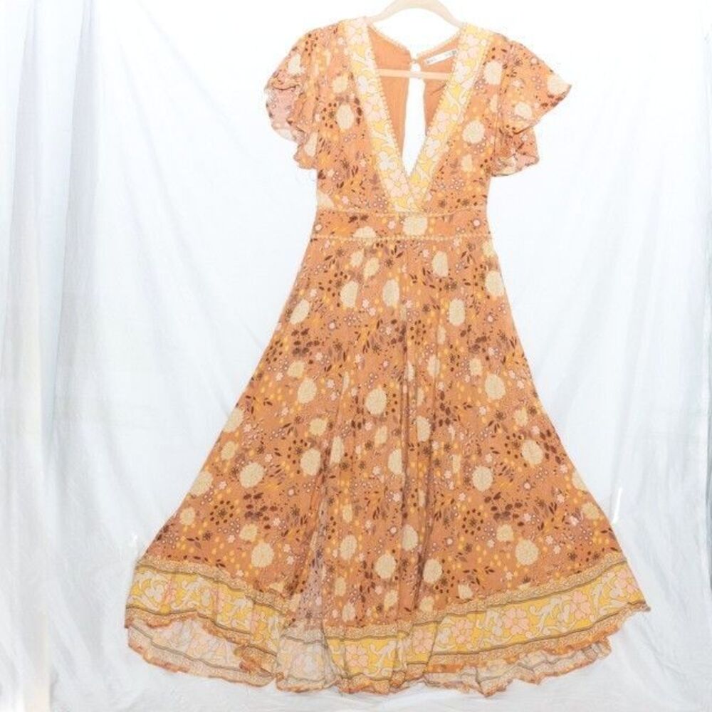 Saint Secret 70s Style Boho Hippie Maxi Orange Dress Deep V Neck Festival Size S